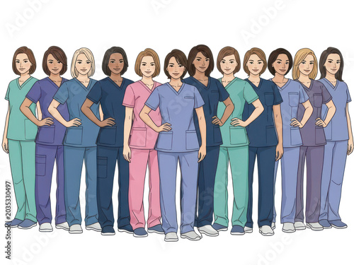 Group of female medical professionals in colorful scrubs
