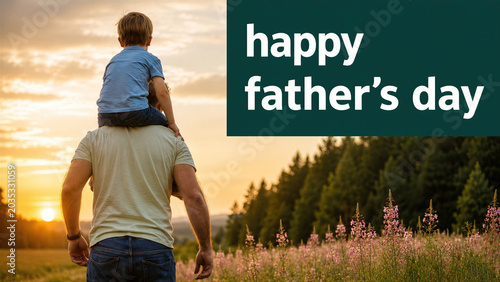 Horizontal Father’s Day Poster with Father‑Son Back View in Sunset Meadow Minimal Green Text Family Photography
