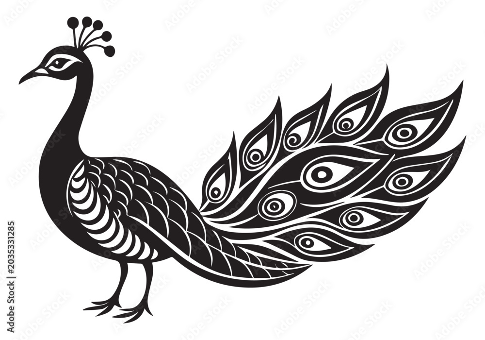 Fototapeta premium Elegant stylized peacock illustration in black and white sophisticated ornamental design Vector Art Illustrations
