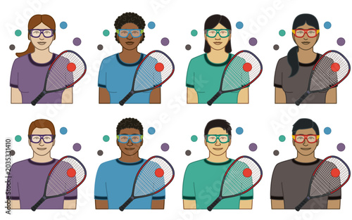 diversity, race, ethnicity of racquetball player vector icons, male and female, wearing protective eye-guard, with racquet and ball, isolated on a white background