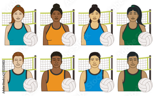 diversity, race, ethnicity of volleyball player vector icons, male and female, with ball and net, isolated on a white background