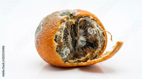 Moldy rotten orange on white background.