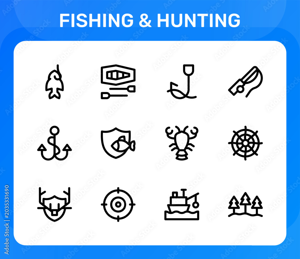 Fototapeta premium Fishing and Hunting icon set. Editable line icons. Professional and modern outline icon pack vector illustration showcasing nets, hooks, and outdoor gear in a clean design.