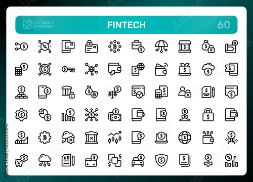 Fintech icon set. Editable line icons. Professional and modern outline icon collection vector illustration with blockchain tokens and crypto trading in a clean design.