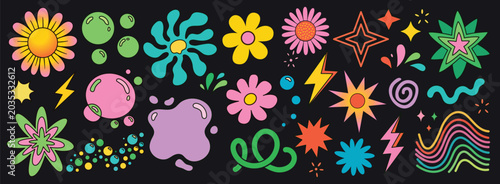 Abstract flowers and clouds shapes sticker set. Groovy funky flowers, bubbles, stars, loops and waves in trendy retro cartoon style. Vector illustration with wavy elements.