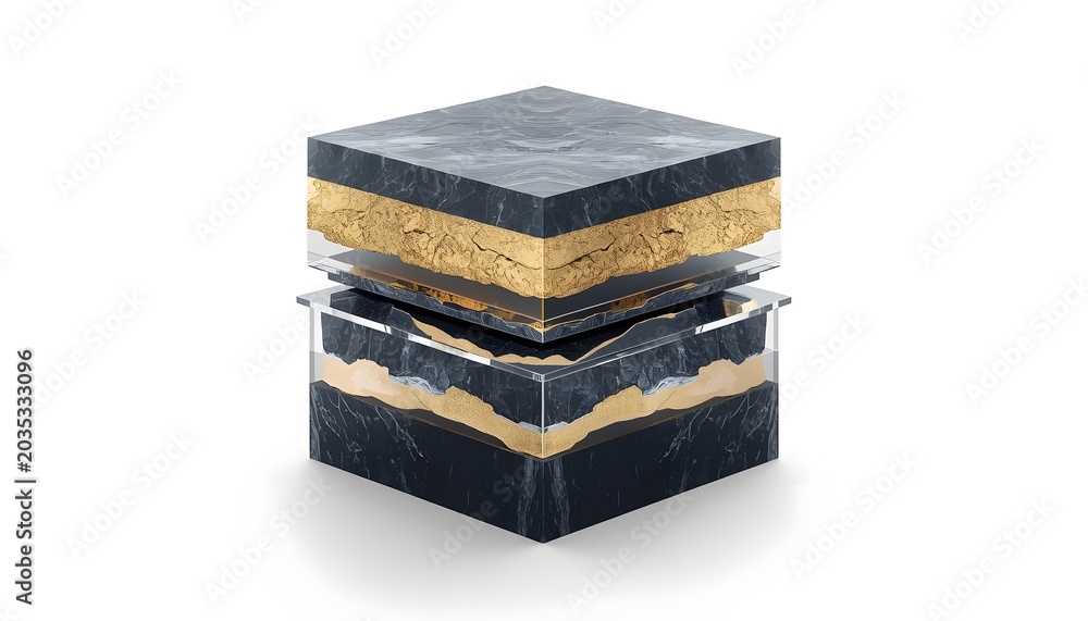 Fototapeta premium Clean cross section studio render of a solid cube showing perfect geological layers of dark slate stone and glittering raw gold veins.