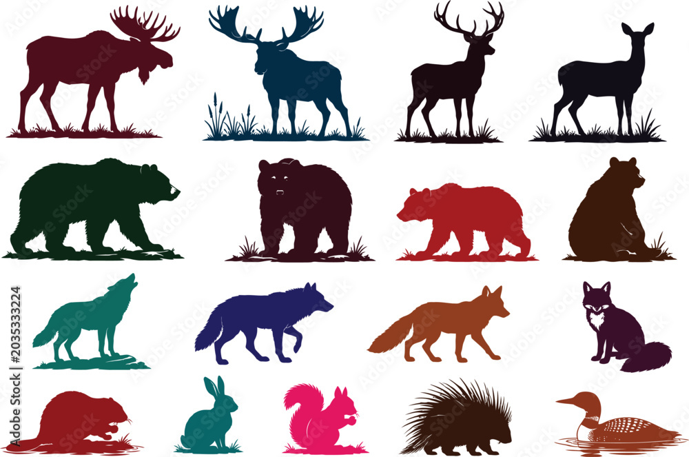 Fototapeta premium Colorful vector silhouettes of various forest animals with transparent backgrounds for nature illustrations