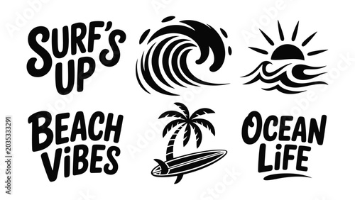 Canvas Print Surfing beach vacation icons with ocean wave palm tree and surfboard illustratio