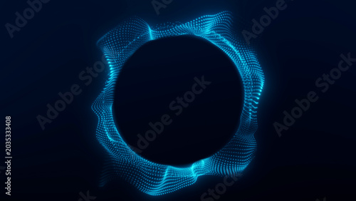 Cyan glowing particle wave portal with dotted digital motion on a dark background. Abstract AI data ring for cyber technology visuals, science concepts, network systems, futuristic screens,