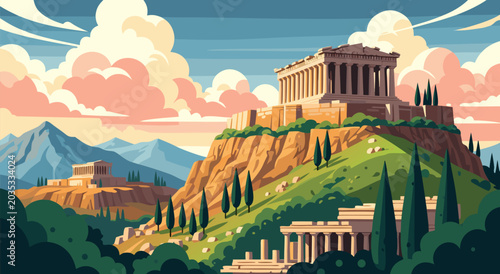 Photos vector illustration of the acropolis of athens, an ancient greek citadel on a ro