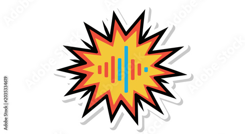 Vibrant sticker illustration of an explosion starburst containing a colorful sound wave graphic, symbolizing audio or impact.