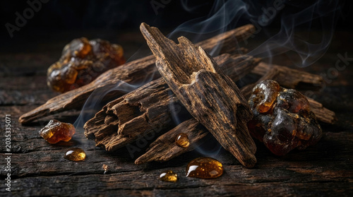 Aromatic oud wood chips and resin create captivating scene with smoke swirling around