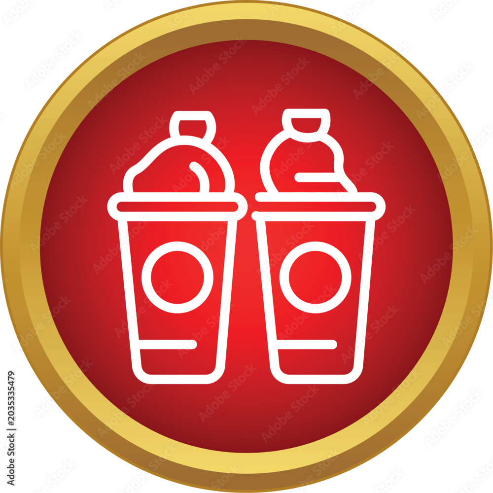 Obraz premium Two disposable beverages in a red circular icon with golden border