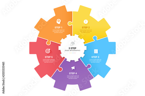 5 Step Gear Puzzle Business Infographic Template, Circular Process Flow Diagram with Icons