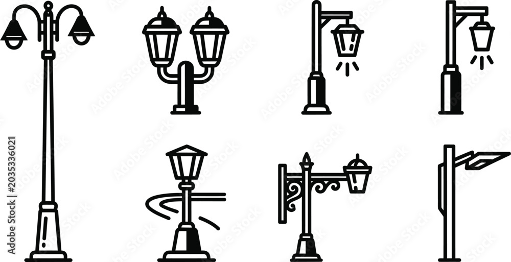 Naklejka premium Street lighting and outdoor lamp post vector icon collection