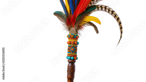 Bilde på lerret Isolated traditional ceremonial feathered object with vibrant beadwork and carve