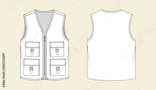Obraz na plátně Utility vest vector illustration showing front and back technical drawing flat s
