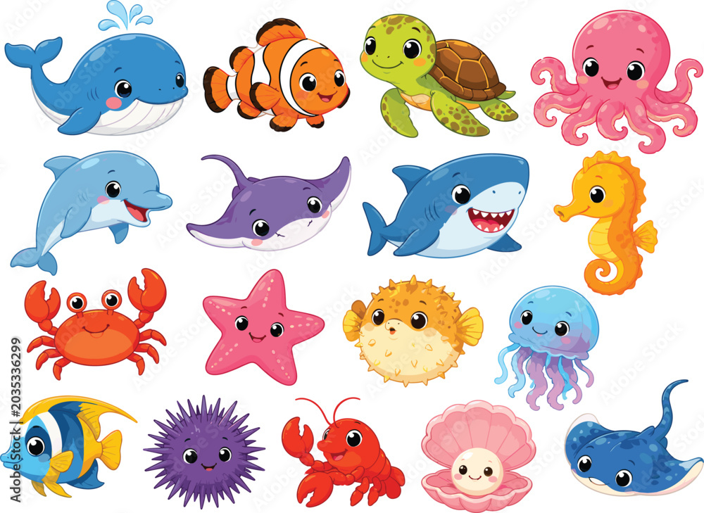 Naklejka premium Colorful cartoon fish, octopus, crab, turtle, and seahorse orange fish