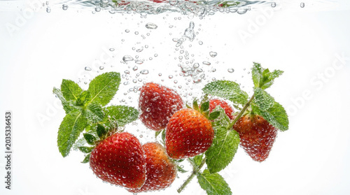 Fresh strawberries and mint leaves submerged in water create refreshing scene