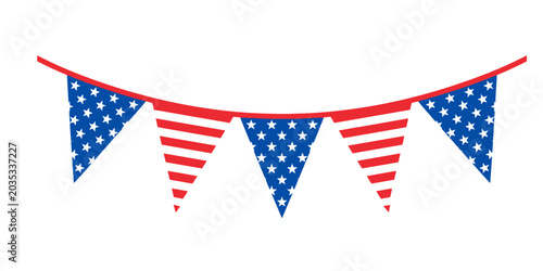 Patriotic bunting flags with stars and stripes hanging on a red string against a white background