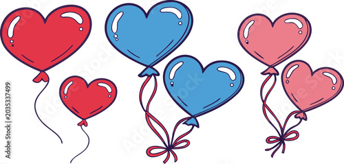 Colorful heart balloon vector illustration set for Valentine's Day, love celebration, romantic greeting cards, wedding and anniversary decoration.