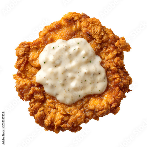 Crispy chicken fried steak topped with creamy country gravy, classic Southern comfort food isolated on white background.