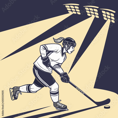 Photography Female ice hockey player under stadium spotlights with spotlight, competition