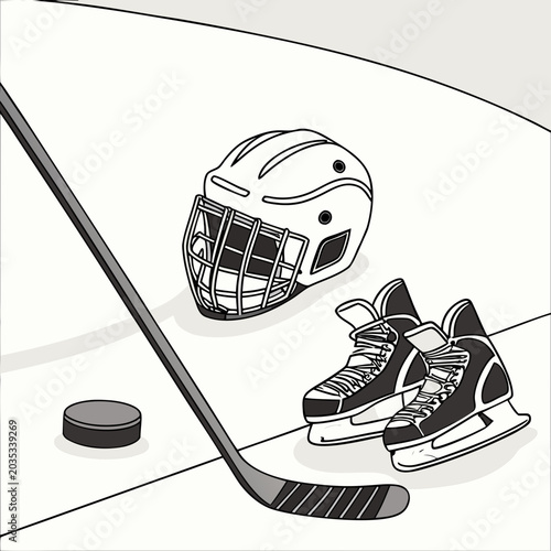 Photography Ice hockey equipment set including skates helmet and stick with equipment