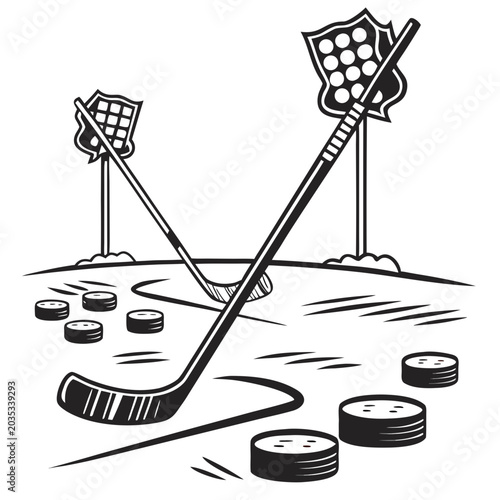 Photography Ice hockey equipment illustration featuring hockey sticks pucks and stadium