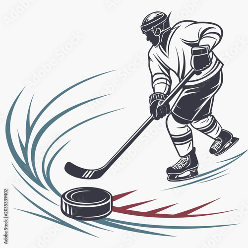 Photography Ice hockey player skating toward puck vector art with illustration, competition