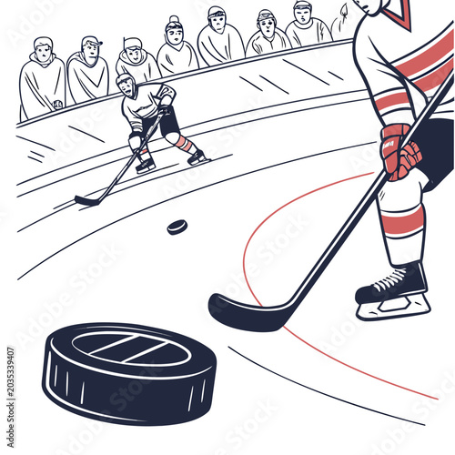 Photography Ice hockey game in progress with puck and players spectator competition