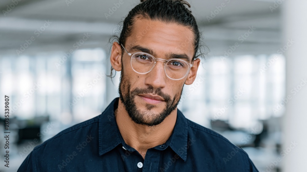 Obraz premium Man wearing glasses looking at camera in office environment