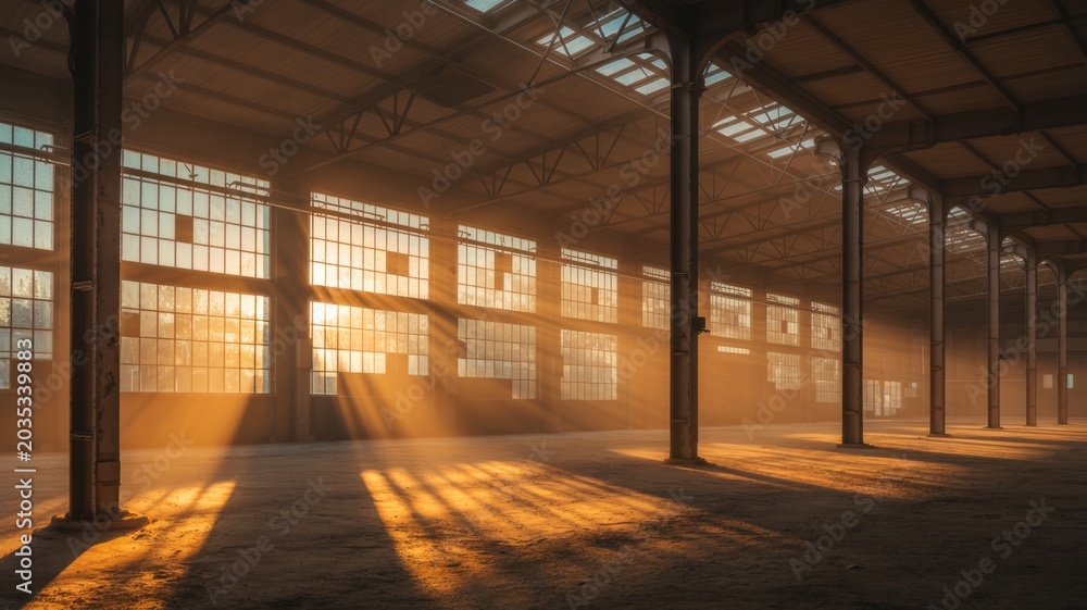 Fototapeta premium Sunbeams stream through the large windows of an abandoned industrial warehouse, illuminating dust particles in the warm golden light.