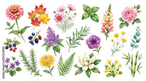 A Big watercolor floral package collection. Use by fabric, fashion, wedding invitation, template, poster, romance, greeting, spring, bouquet, pattern, decoration and textile.