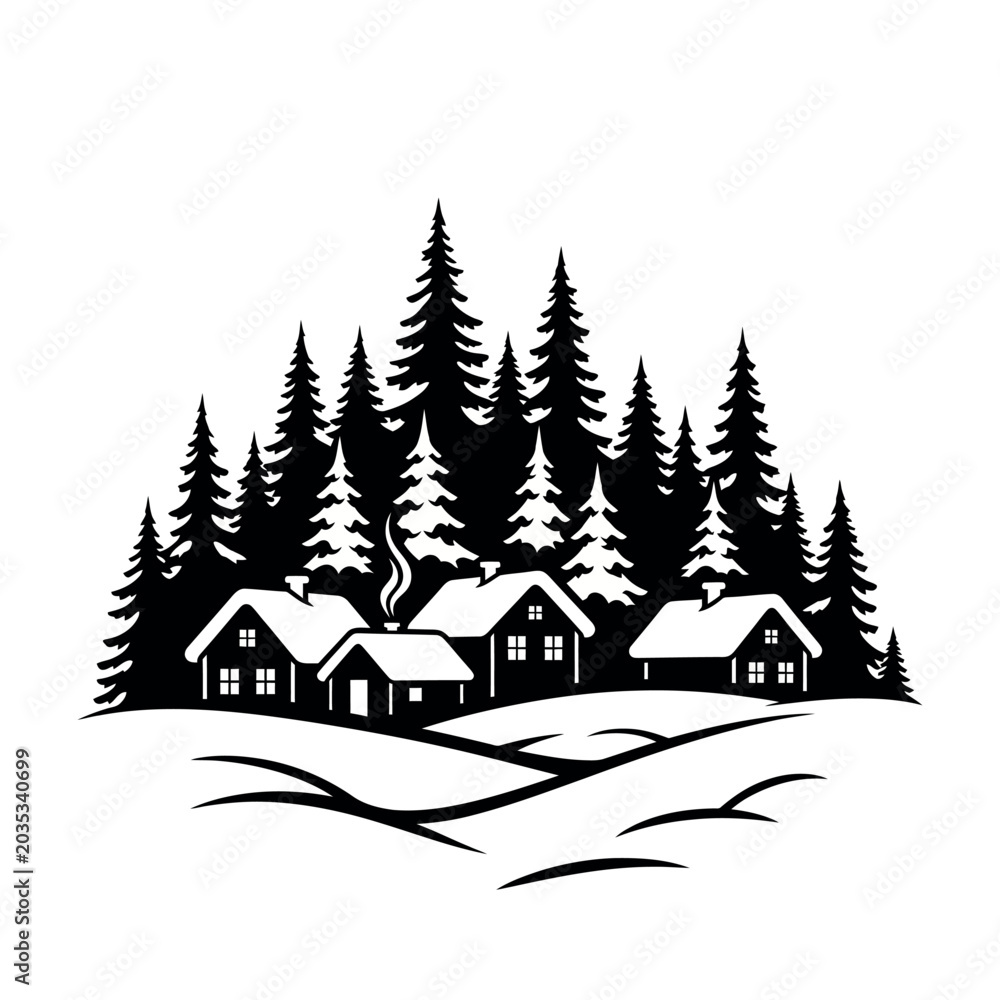 Fototapeta premium Black and white houses in forest.