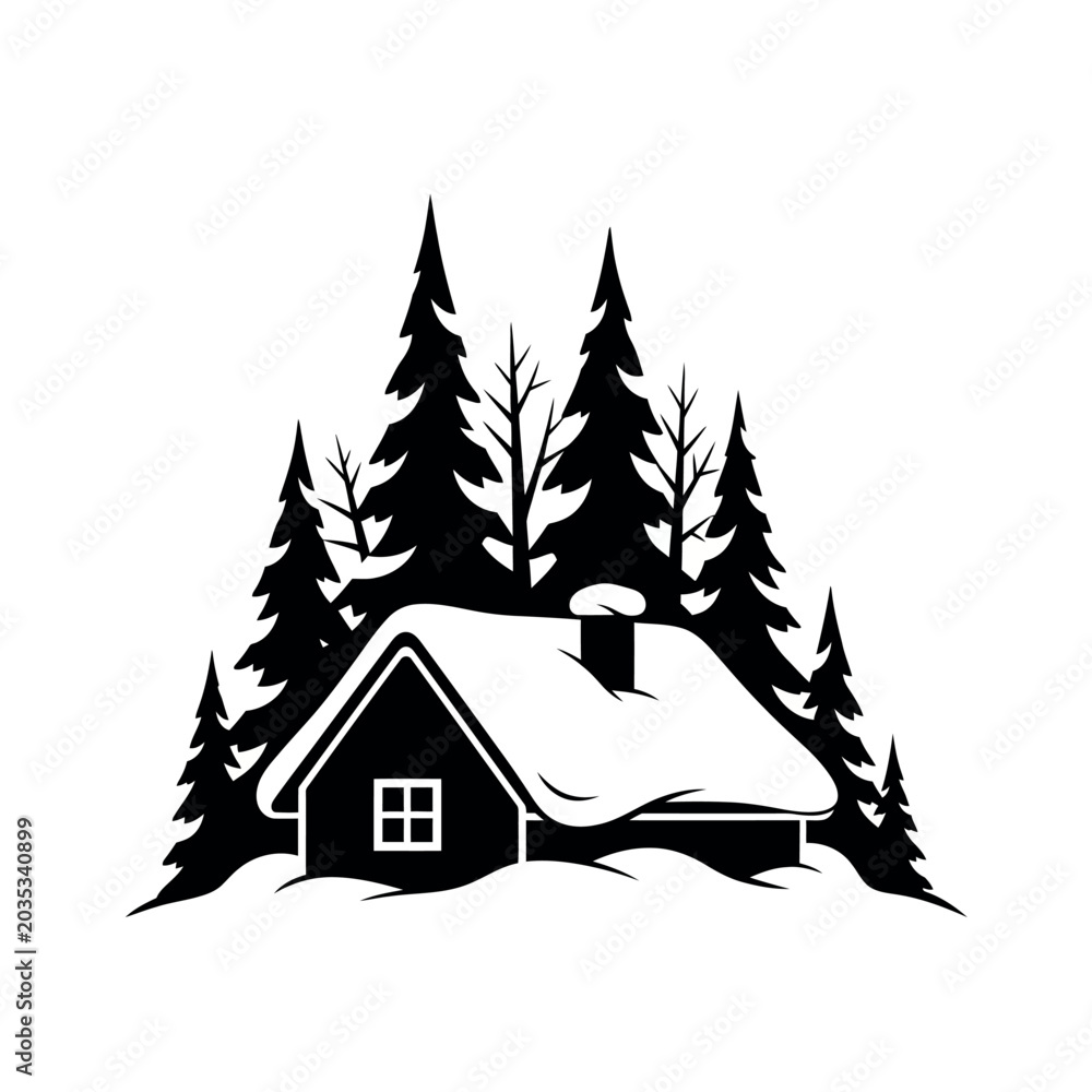 Obraz premium Cozy Cabin in Snowy Forest Silhouette 1.