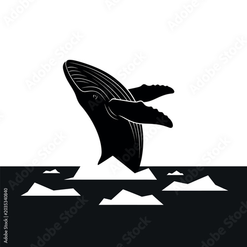 Fotografie Black whale breaching from dark water with icebergs.