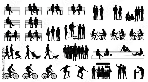 Public Space People Silhouette CAD Block Set with Bench Seating, Street Musicians, Crowds, Cyclists and Urban Leisure Figures for Architectural Renderings

