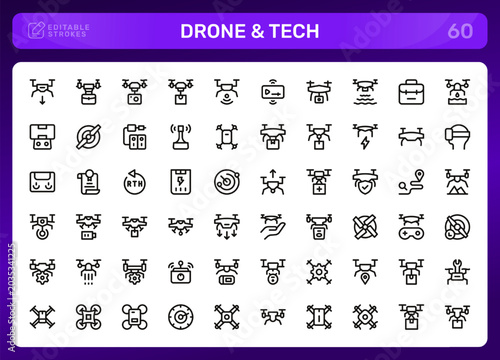 Drone and Tech icon set. Editable line icons. Professional and modern outline icon pack vector illustration showcasing robotics and digital gadgets in a sleek design.