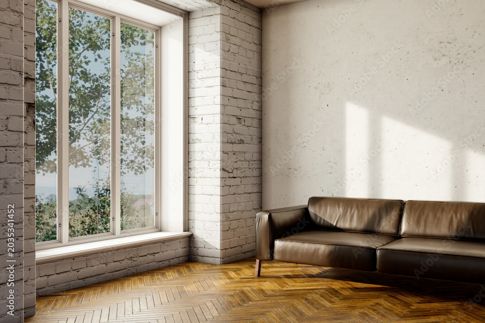 Fototapeta premium 3D render, illustration Large Luxury modern living room interior, brutalist architecture realistic lighting, Graphic Overlay wide angle, contemporary furniture, clean lines, minimalist decor, elegan