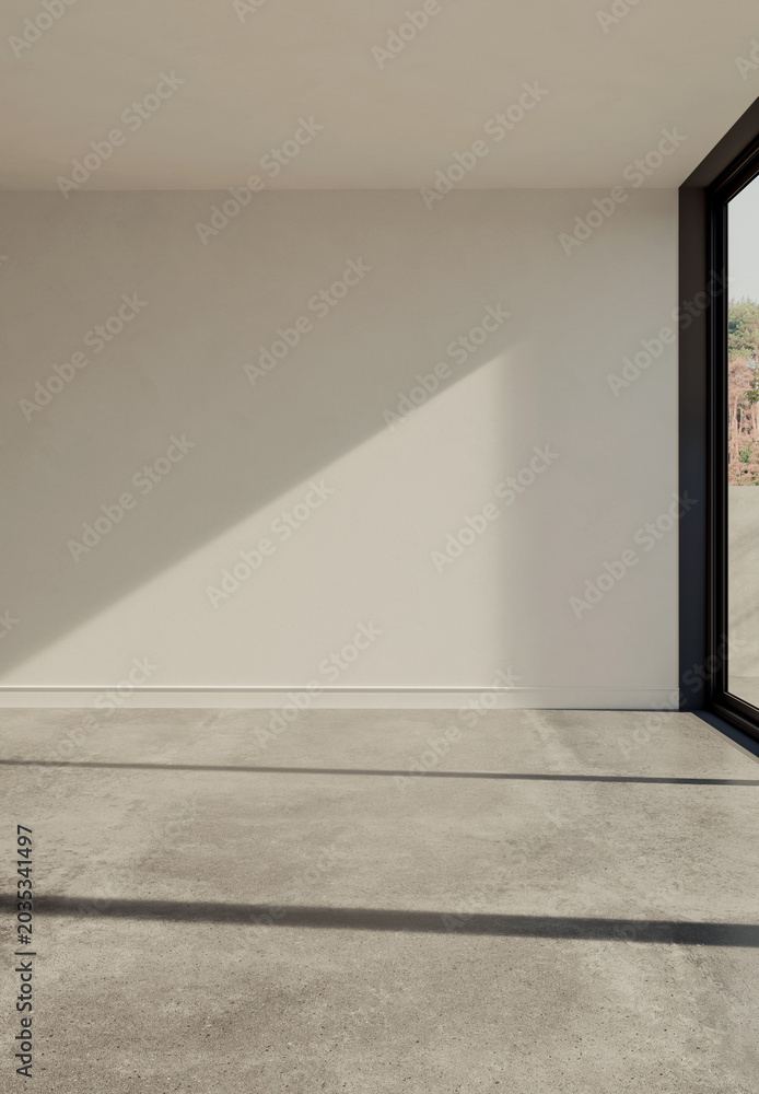 Fototapeta premium 3D render, illustration Large Luxury modern living room interior, brutalist architecture realistic lighting, Graphic Overlay wide angle, contemporary furniture, clean lines, minimalist decor, elegan
