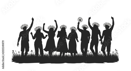 Fotografie People Celebrating With Raised Arms Silhouette.