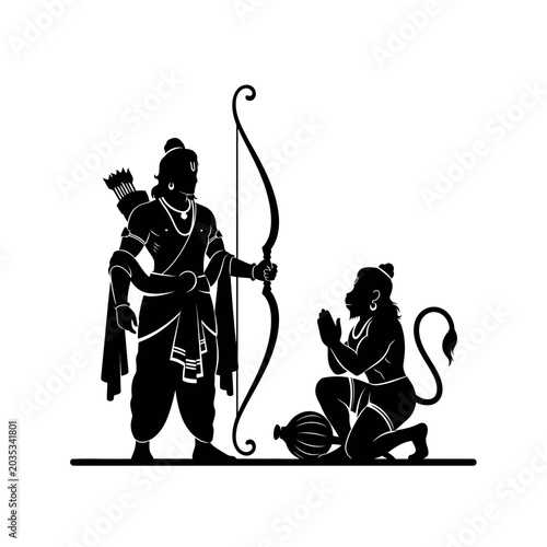 Cuadro en lienzo Lord Rama with Bow and Arrow and Hanuman kneeling.