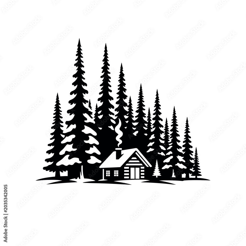 Fototapeta premium Rustic Cabin Nestled Among Tall Evergreen Trees.