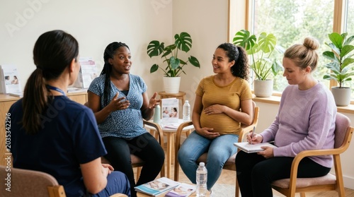 Diverse pregnant women attending a prenatal class discussing health and wellness.