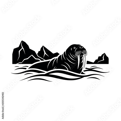 Foto Walrus in the Arctic Ocean with Icebergs.