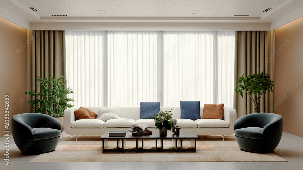 Fototapeta premium 3D render, illustration Large Luxury modern living room interior, brutalist architecture realistic lighting, Graphic Overlay wide angle, contemporary furniture, clean lines, minimalist decor, elegan