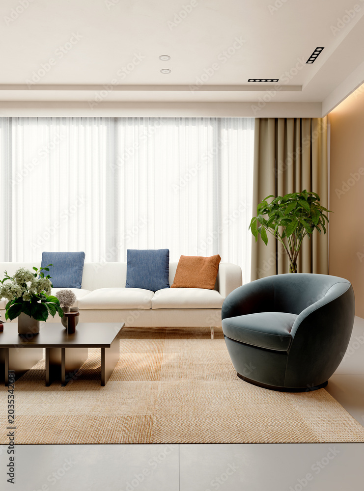 Fototapeta premium 3D render, illustration Large Luxury modern living room interior, brutalist architecture realistic lighting, Graphic Overlay wide angle, contemporary furniture, clean lines, minimalist decor, elegan