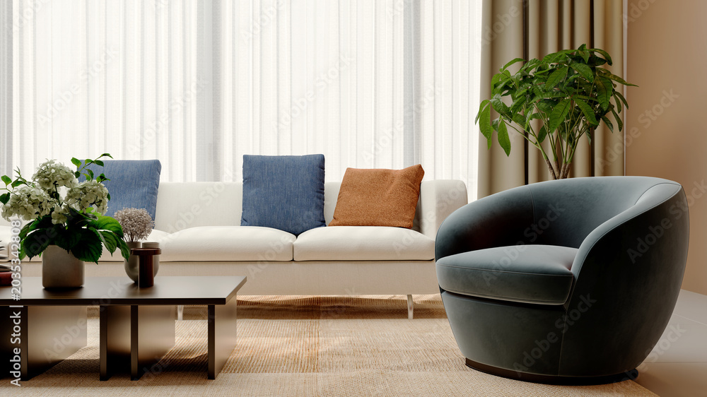 Fototapeta premium 3D render, illustration Large Luxury modern living room interior, brutalist architecture realistic lighting, Graphic Overlay wide angle, contemporary furniture, clean lines, minimalist decor, elegan