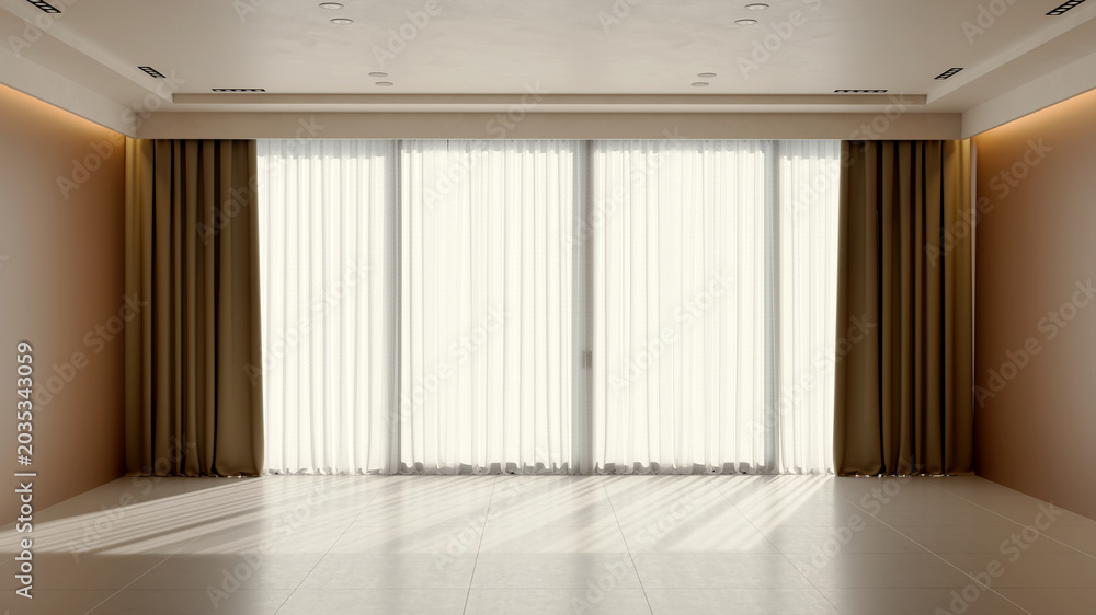 Fototapeta premium 3D render, illustration Large Luxury modern living room interior, brutalist architecture realistic lighting, Graphic Overlay wide angle, contemporary furniture, clean lines, minimalist decor, elegan